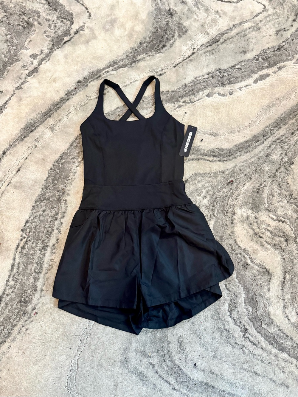 Fashion Nova Black Athletic Skort Romper with Crossback Straps